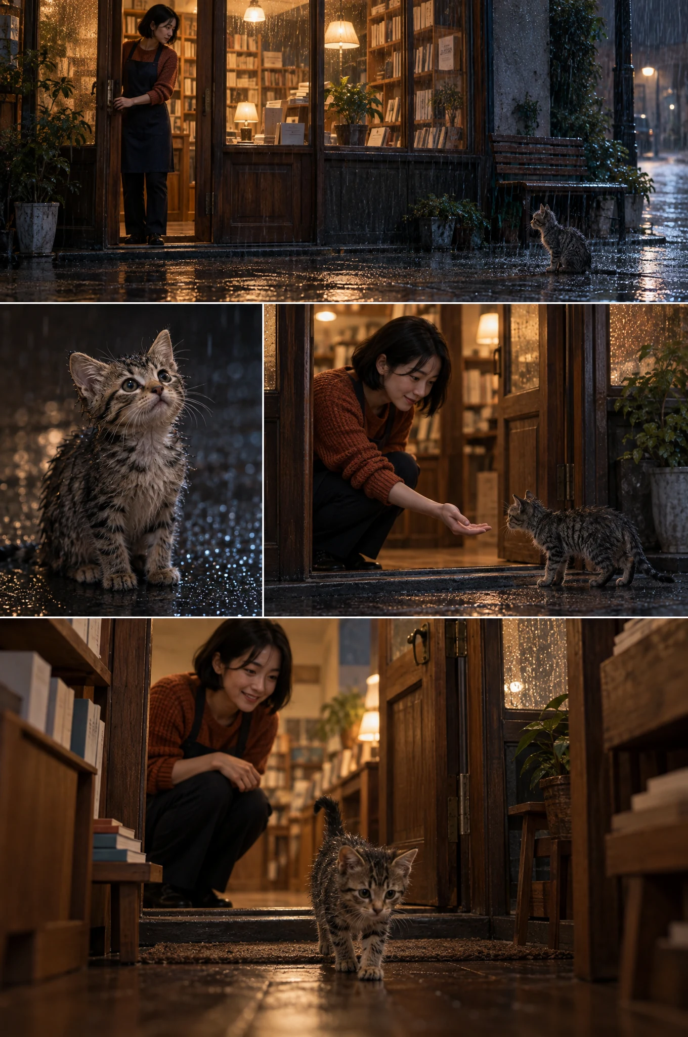 Four-panel Live-action cinema sample: a bookshop owner welcomes a wet kitten out of the rain